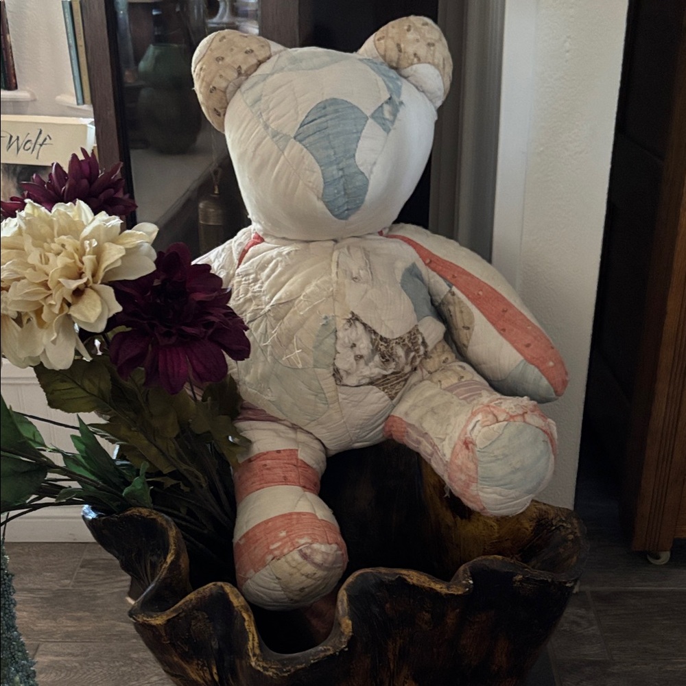 VTG Handcrafted Teddy Bear Old Quilt cottagecore Patchwork big distress